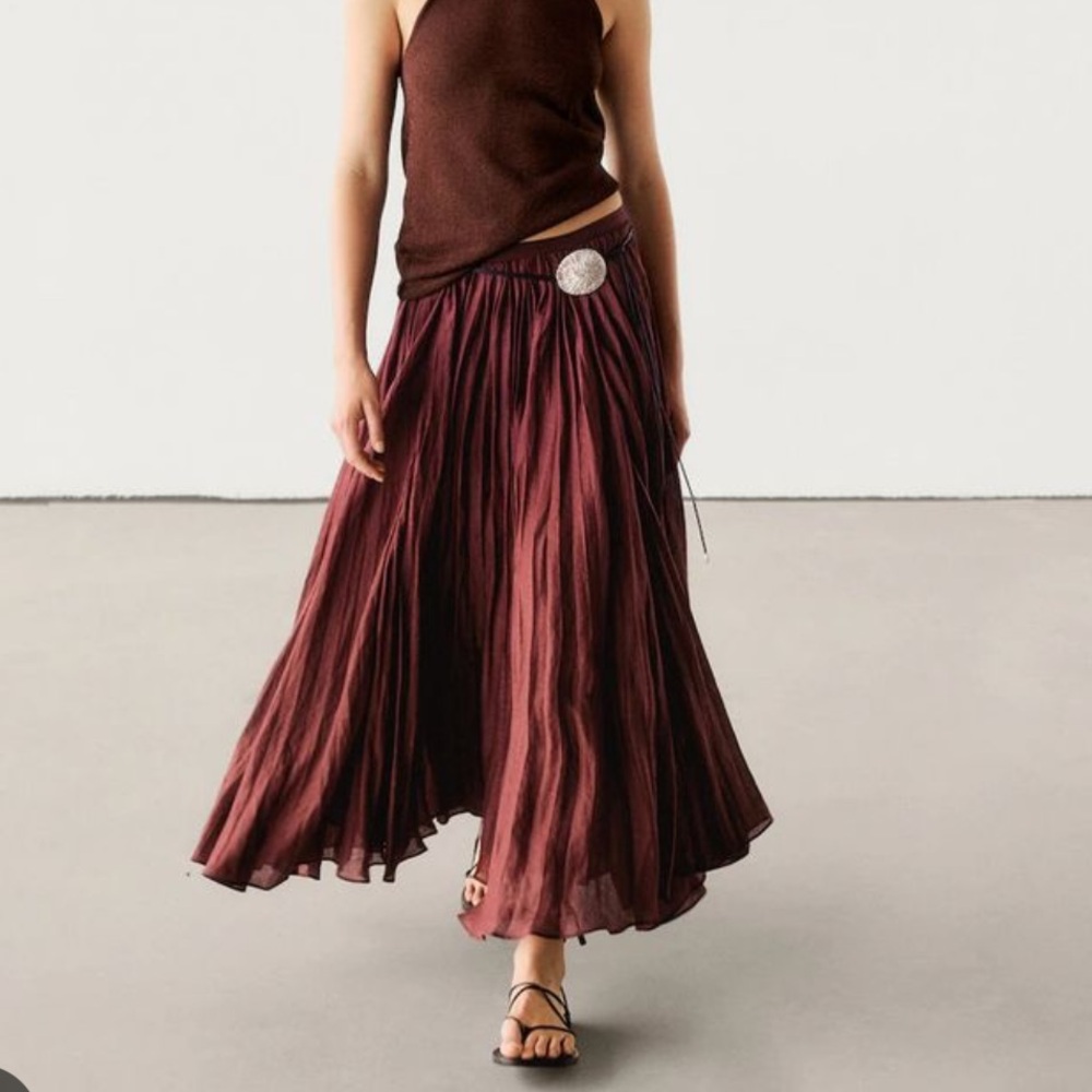 Massimo Dutti Ramie Midi Skirt in Burgundy